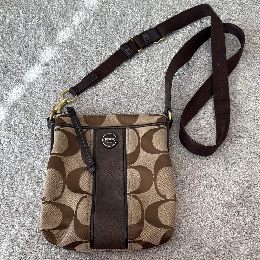 Coach Brown Monogram Crossbody Bag with Leather Trim